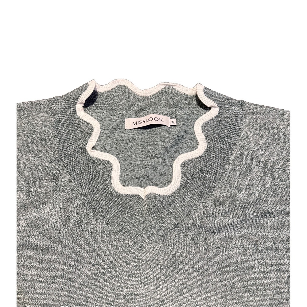 Women's M Wool Sweater Miss‎ Look, Vintage green Heathered, Scallop Finish boho - Picture 3 of 10